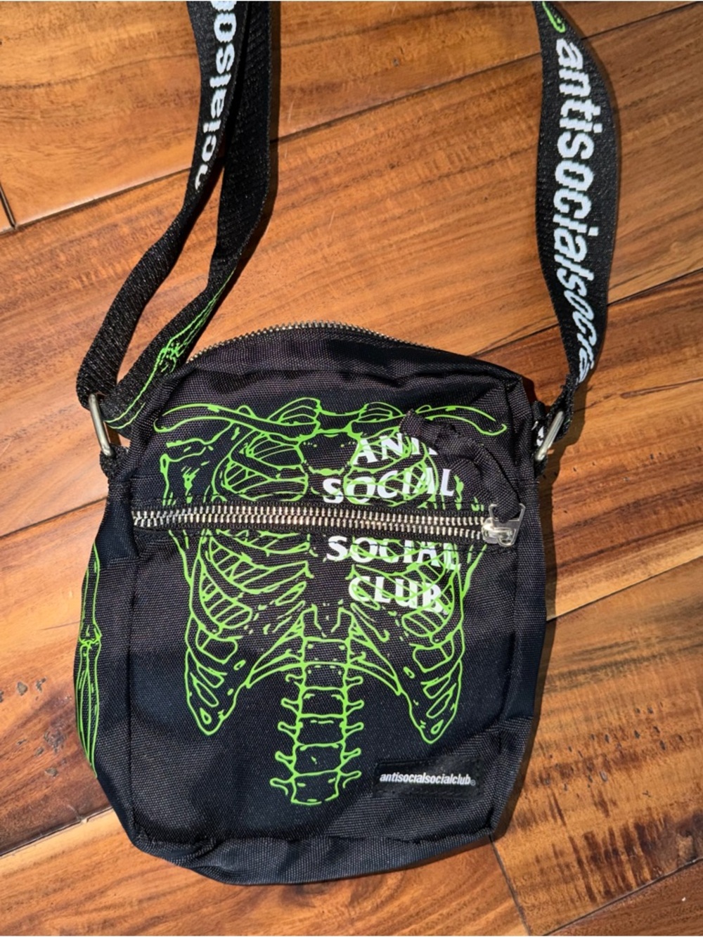Anti Social Social Club fracture Black Crossbody with Neon Green Skeleton Print